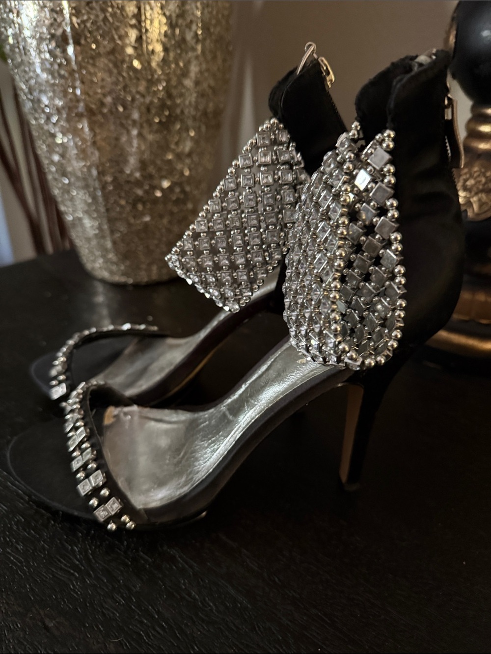 Zigi Soho Black Rhinestone Embellished Ankle-Strap Stilettos